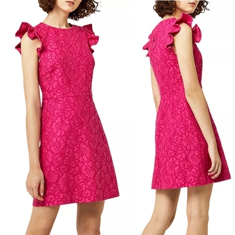 Warehouse Hot‎ Pink Magenta Lace Frill Sleeve Cocktail Dress Barbiecore NWOT 8